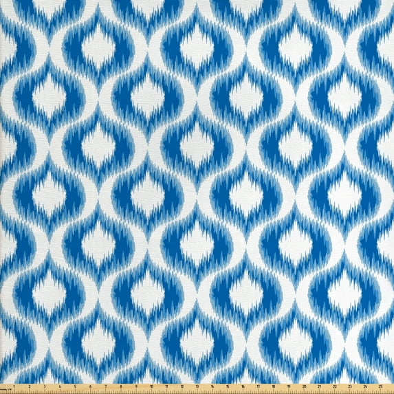 Ambesonne Ikat Fabric by the Yard Upholstery, Abstract Vintage Ogee, 2 Yards, Blue White