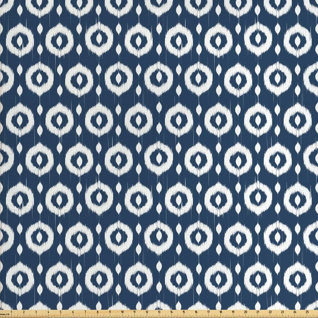 Ambesonne Ikat Fabric by the Yard Upholstery, Circles Dots, 5 Yards, Dark Blue White