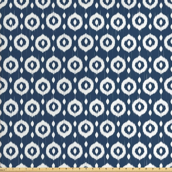Ambesonne Ikat Fabric by the Yard Upholstery, Circles Dots, 2 Yards, Dark Blue White