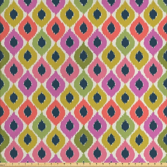 Ikat Fabric by the Yard, Pastel Colored Art Ogee Shapes Tile with Curvy Motifs and Retro Effect, Decorative Upholstery Fabric for Chairs & Home Accents, Multicolor by Ambesonne