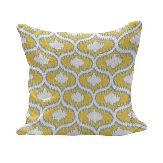 Ikat Fluffy Throw Pillow Cushion Cover, Oval Shaped Design Vivid Color Ogee Motif Indonesian Culture Inspired Pattern, Decorative Square Accent Pillow Case, 18" x 18", Yellow Grey White, by Ambesonne