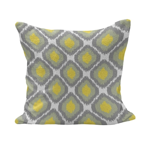 Ikat Fluffy Throw Pillow Cushion Cover, Surreal Geometric Pattern with Squares with Vintage Color Palette Illustration, Decorative Square Pillow Case, 24" x 24", Grey Yellow White, by Ambesonne