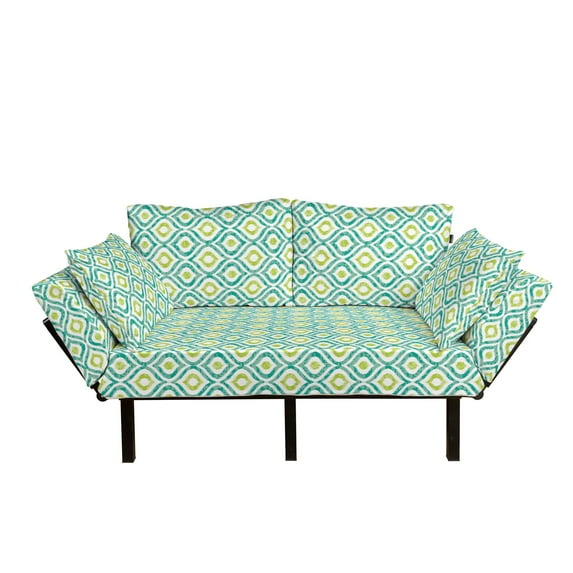 Ikat Futon Couch, Ogee Pattern in Indonesian Weave Art Style Vibrant Colors Motif, Daybed with Metal Frame Upholstered Sofa for Living Dorm, Loveseat, Mint Green Yellow Green, by Ambesonne