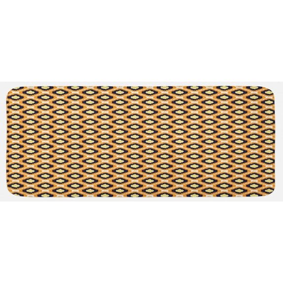 Ikat Kitchen Mat, Geometric Pattern with Indonesian Rhombus Shapes Image Vibrant Color Palette, Plush Decorative Kitchen Mat with Non Slip Backing, 47" X 19", Orange Yellow Indigo, by Ambesonne