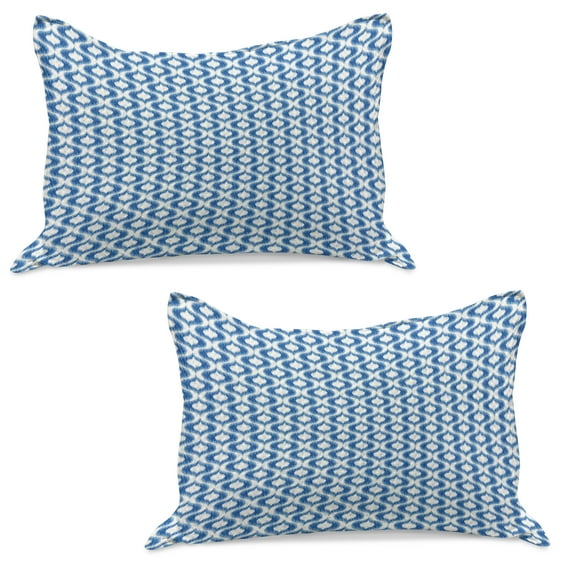 Ikat Knitted Quilt Pillowcover Set of 2, Abstract Design with Ogee Motifs in Blue Tones Vintage Summer Seasonal Pattern, Standard Queen Pillow Sham Bedroom, 30" x 20", Blue White, by Ambesonne