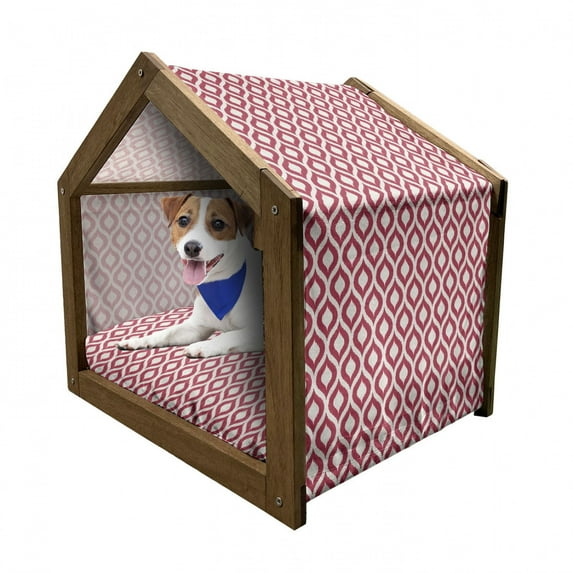 Ikat Pet House, Geometric Illustration Curved Lines Oval Shapes Traditional South East Motifs, Outdoor & Indoor Portable Dog Kennel with Pillow and Cover, 5 Sizes, Maroon White, by Ambesonne