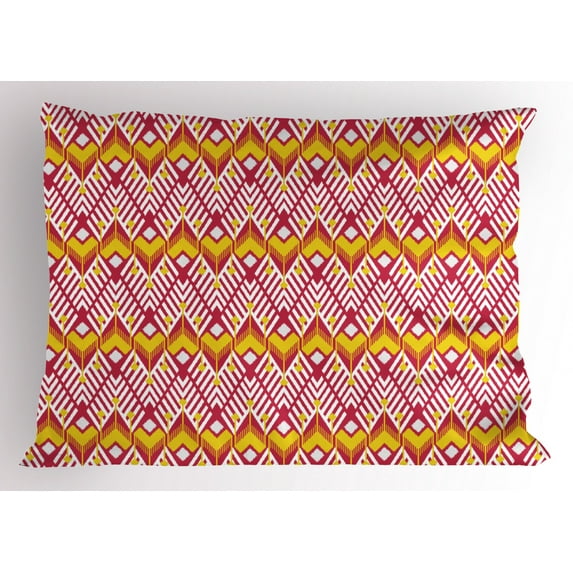 Ikat Pillow Sham, Tribal Native Cultural Composition Chevron Inspired Geometric Shapes, Decorative Standard King Size Printed Pillowcase, 36 X 20 Inches, Dark Coral Yellow White, by Ambesonne