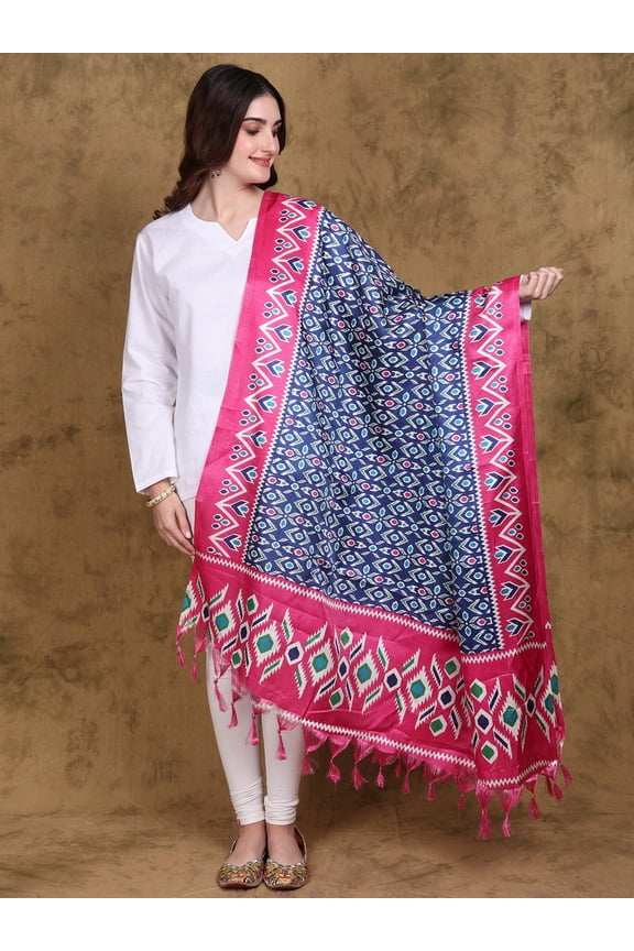 Ikat Print Silk Dupatta with Fringes – Navy Peony