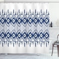 thumbnail image 1 of Ikat Shower Curtain, Asian Traditional Design Borders Tribal Art Geometrical Motifs and Shapes, Fabric Bathroom Set with Hooks, 69W X 84L Inches Extra Long, Navy Blue and White, by Ambesonne, 1 of 3