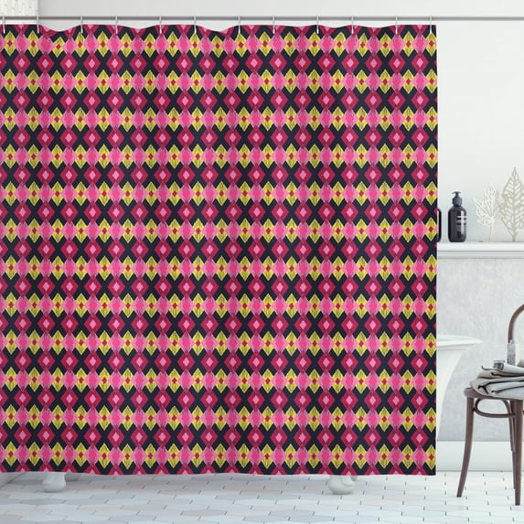 Ikat Shower Curtain, Bohemian Style Sketchy Diamond Motifs Vintage Gypsy Fashion Indonesian Traditional, Fabric Bathroom Set with Hooks, 69W X 84L Inches Extra Long, Multicolor, by Ambesonne