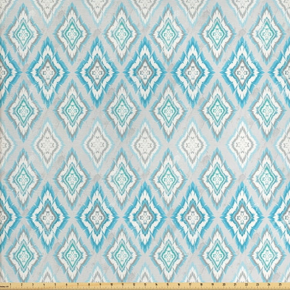 Ambesonne Ikat Fabric by the Yard Upholstery, Aztec Cultural Motifs, 2 Yards, Blue Pale Grey White