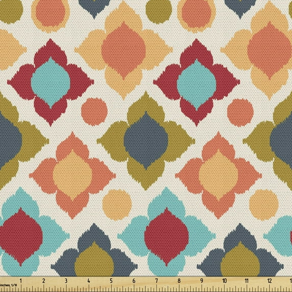 Ikat Sofa Upholstery Fabric by the Yard, Colorful Floral Motifs with Round Spots Bohemian Oriental Ornament in Tie Dye Print, Decorative Fabric for DIY and Home Accents, Multicolor by Ambesonne