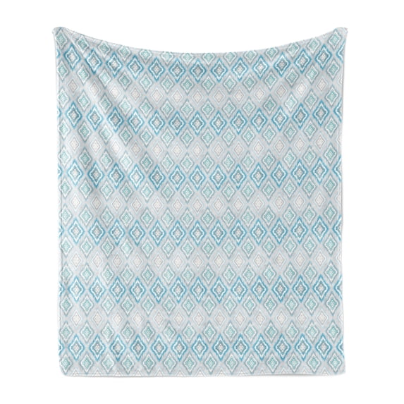 Ikat Soft Flannel Fleece Blanket, Aztec Culture Inspired Geometrical Motifs with Weathered Look South American, Cozy Plush for Indoor and Outdoor Use, 60" x 80", Blue Pale Grey White, by Ambesonne