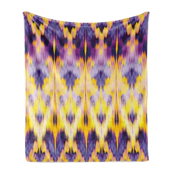 Ikat Soft Flannel Fleece Blanket, Ikat Pattern Dyeing Effect Illustration Resist of Colors Indonesian Boho Art Print, Cozy Plush for Indoor and Outdoor Use, 70" x 90", Purple Yellow, by Ambesonne