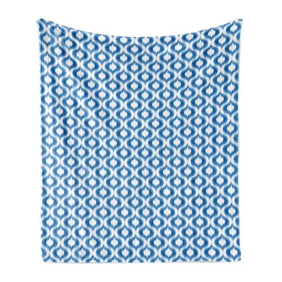 Ikat Soft Flannel Fleece Throw Blanket, Abstract Design with Ogee Motifs in Blue Tones Vintage Summer Seasonal Pattern, Cozy Plush for Indoor and Outdoor Use, 70" x 90", Blue White, by Ambesonne