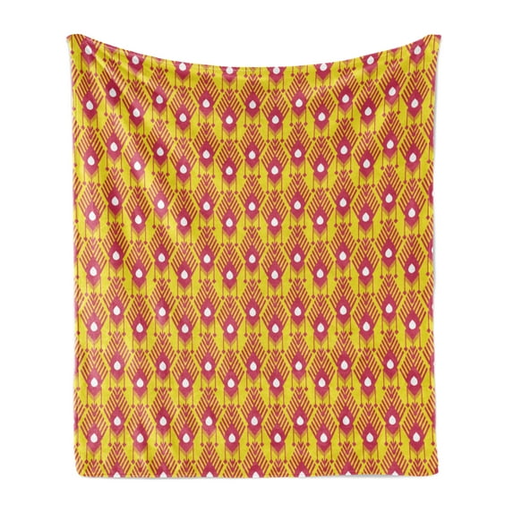Ikat Soft Flannel Fleece Throw Blanket, Aztec Culture Inspired Repeating Vintage Motifs on Yellow Background, Cozy Plush for Indoor and Outdoor Use, 50" x 70", Magenta Yellow and White, by Ambesonne