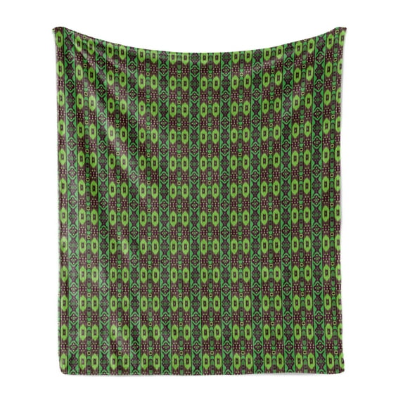 Ikat Soft Flannel Fleece Throw Blanket, Folk Traditional Vertical Borders in Green Shades Vintage Ornament, Cozy Plush for Indoor and Outdoor Use, 70" x 90", Green Brown Apple Green, by Ambesonne