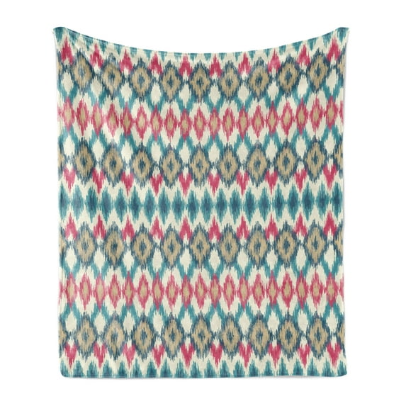 Ikat Soft Flannel Fleece Throw Blanket, Style Tied Knotted Triangle Handmade Effect Traditional Boho Design, Cozy Plush for Indoor and Outdoor Use, 60" x 80", Cream Red Teal, by Ambesonne