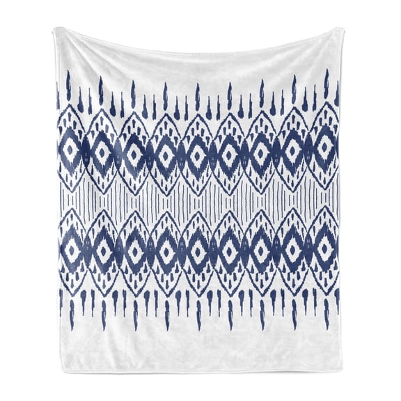 Ikat Soft Flannel Fleece Throw Blanket, Traditional Design Borders Art Geometrical Motifs and Shapes, Cozy Plush for Indoor and Outdoor Use, 70" x 90", Navy Blue and White, by Ambesonne