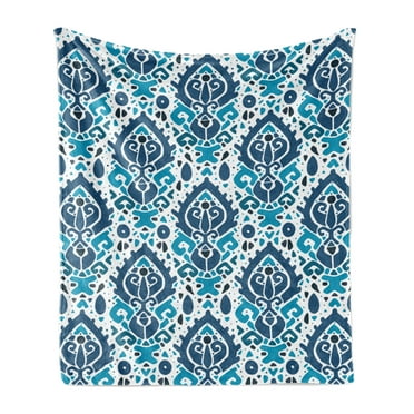Ikat Soft Flannel Fleece Throw Blanket, Tribal Inspired Motifs in Aztec Style Folklore Patterns Traditional Artwork, Cozy Plush for Indoor and Outdoor Use, 50" x 60", Sea Blue and White, by Ambesonne