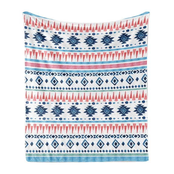 Ikat Soft Flannel Fleece Throw Blanket, Watercolor Style Creative Pattern with Shapes Print, Cozy Plush for Indoor and Outdoor Use, 50" x 60", Dark Sky Blue Coral, by Ambesonne