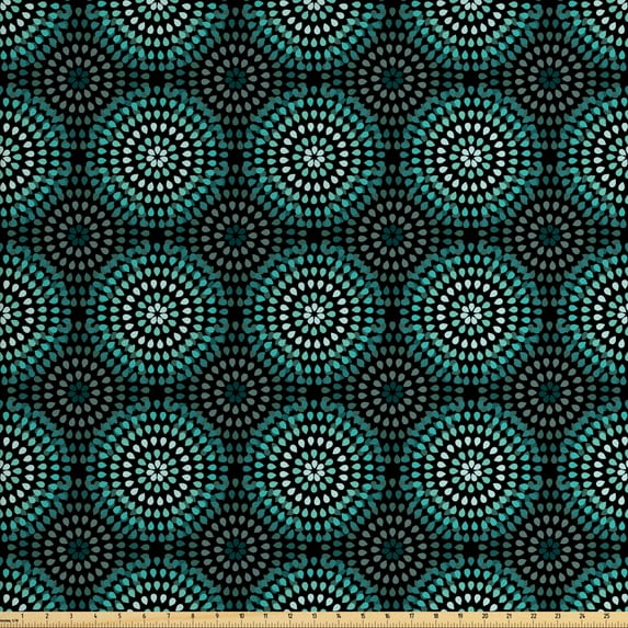 Ikat Upholstery Fabric by the Yard, Retro Style Floral Composition with Dotted Motifs Native Culture, Decorative Fabric for DIY and Home Accents, Teal Black and White by Ambesonne