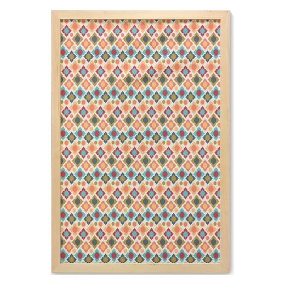 Ikat Wall Art with Frame, Colorful Floral Motifs with Round Spots Bohemian Oriental Ornament in Tie Dye Print, Printed Fabric Poster for Bathroom Living Room, 23" x 35", Multicolor, by Ambesonne