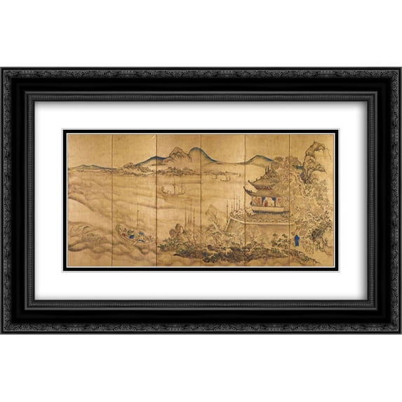 Ike no Taiga 2x Matted 24x16 Black Ornate Framed Art Print 'Landscape with Yueyang Tower'