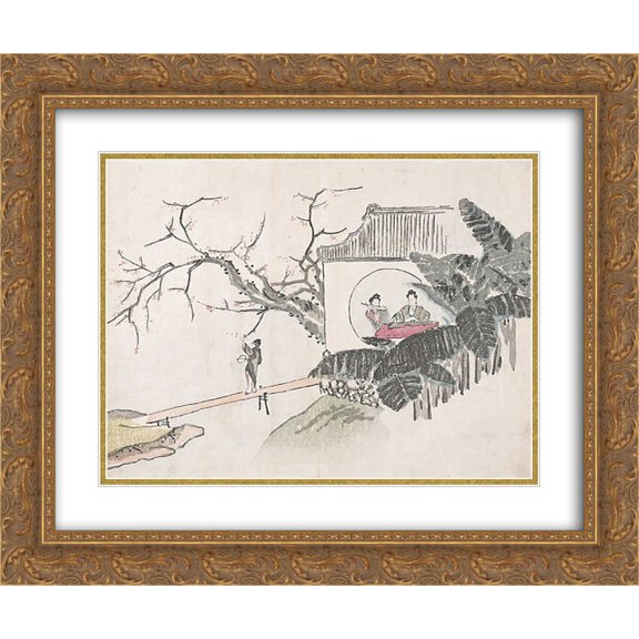 Ike no Taiga 2x Matted 24x20 Gold Ornate Framed Art Print 'Untitled (figures playing instruments in a garden)'