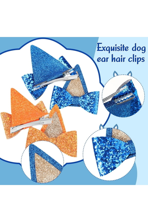 1-Pair Blue Glitter Bows Ears Hair Clips for Kids Birthday Party, Metal And Spandex Hair Barrettes for Boys Girls Costume Accessory