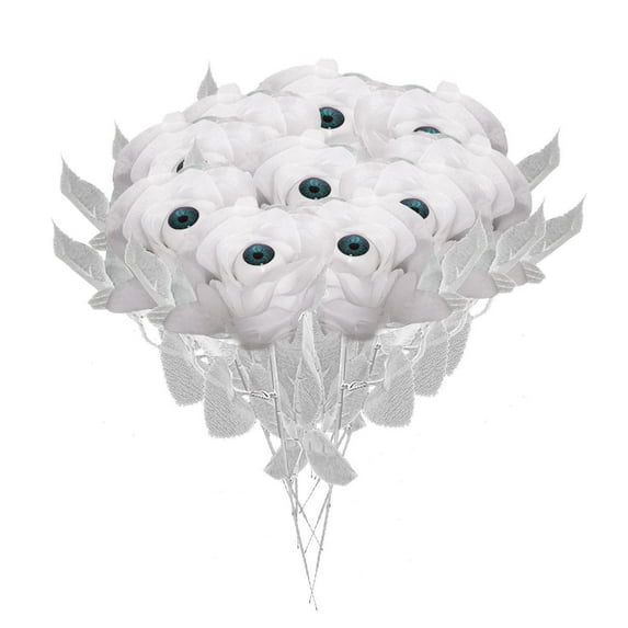 Ikeay 10Pcs Halloween Eyeball Artificial Flowers, Gothic Rose Stems with Creepy Eyeballs, Diy Bouquet Arrangements, Party Home Decor, Realistic Spooky Floral Bundles White