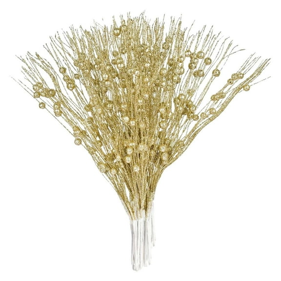 Ikeay 12-Pack Christmas Glitter Berry Picks, 17 Inch Artificial Holly Stems for Tree Wreath Diy Craft Holiday Home Party Decor Gold
