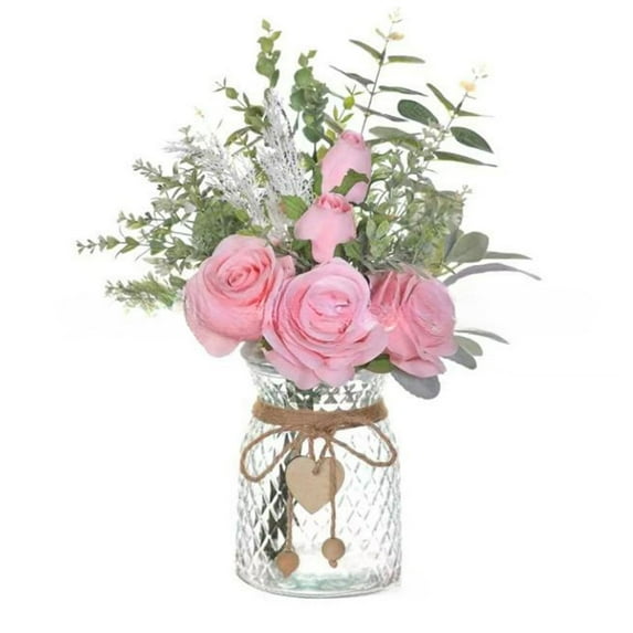 Ikeay Artificial Rose Flower Arrangement with Glass Vase, 12.5 Inch White Silk Roses for Home Table Centerpiece Decor Pink
