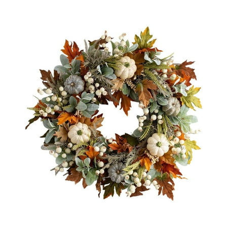 Ikeay Autumn Pumpkin Flower Wreath, Artificial Fall Greenery Decoration for Front Door Farmhouse Indoor Outdoor Seasonal Decor Green