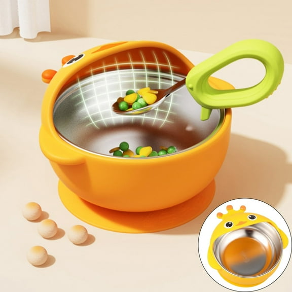 Ikeay Baby Suction Bowl with Spoon Set - 300Ml Non-Slip Silicone Feeding Bowl for Toddlers, Bpa-Free Dishwasher Safe Infant Food Container, Yellow