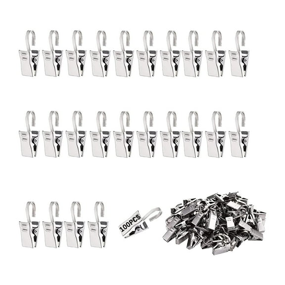 Ikeay Clips, 100Pcs Curtain Clips with Hooks Small Stainless Steel Metal Wire Holder Clamp Heavy Duty Hanging Suitable for Drapes Shower Curtain Party Decoration Photos and Camper Silver