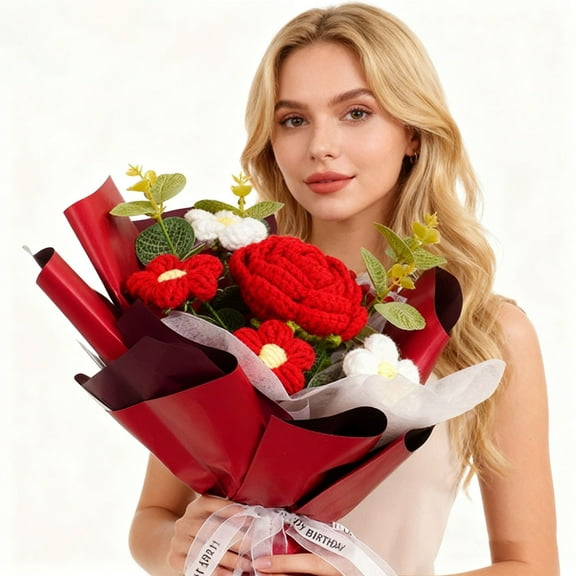 Ikeay Handmade Crochet Rose Flower Bouquet - Artificial Puff Flowers Arrangement for Home Decor Birthday Christmas Gift (1-Pack)