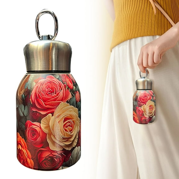 Ikeay Large Peony Print Stainless Steel Insulated Water Bottle, 12Oz Leak-Proof Travel Mug Keeps Drinks Hot 12H & Cold 24H, Portable Gym & Office Tumbler