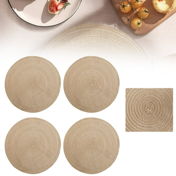 Ikeay Placemat| Round Placemats Set Of 4 Round Table Placemats Braided Cotton Place Mats 15 Inch for Kitchen Dining Table Holiday Party, 4X Placemats, Beige