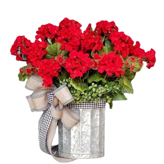 Ikeay Red Geranium Bucket Wreath for Front Door, Summer Spring Farmhouse Cottage Home Decor, Colorful Faux Flower Hanging Display Red