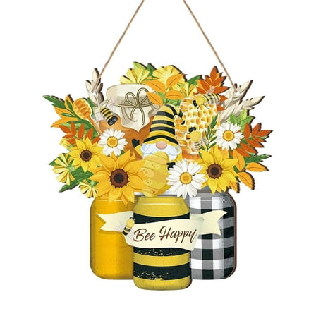 Ikeay Wooden Happy Bee Door Sign Plaque, Spring Welcome Hanging Decor for Front Door Wall, Rustic Farmhouse Indoor Outdoor Party Decor