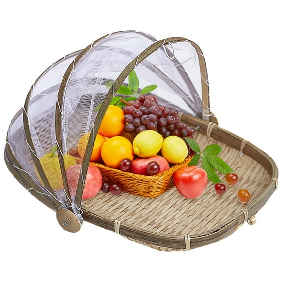Ikeay Woven Anti-Net Mesh Storage Basket with Cover, Foldable Wooden Fruit Vegetable Bread Picnic Basket, Ventilated Food Organizer, 1-Pc Beige