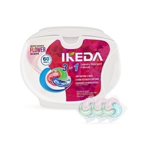 Ikeda scents 60pcs Laundry Detergent Pods,Flower Scents Power Stain Remover, Liquid Soap Pacs 3-in-1 Powerful Clean Remover for Hand Washing and Machine