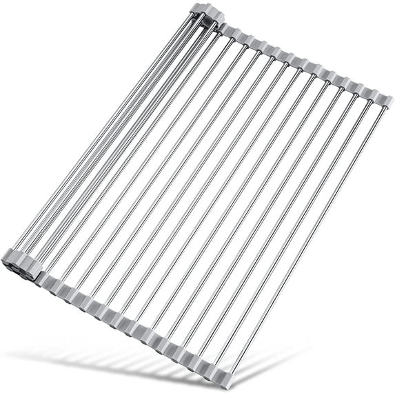 Ikerall 17.7" x 15.5" Roll Up Dish Drying Rack Over Sink Drying Rack Sink Cover Kitchen Sink Accessories Gadget Multipurpose Organizer Foldable Stainless Steel Drainer (Grey)