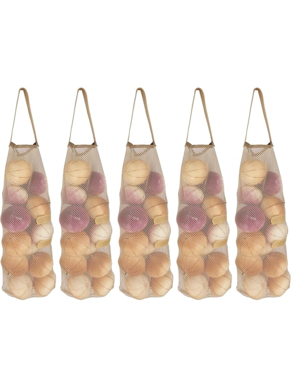 l Hanging Mesh Storage 5Pack Potato & Onion Bags(17in*7in) - Large Reusable Net Produce Bags (Beige)