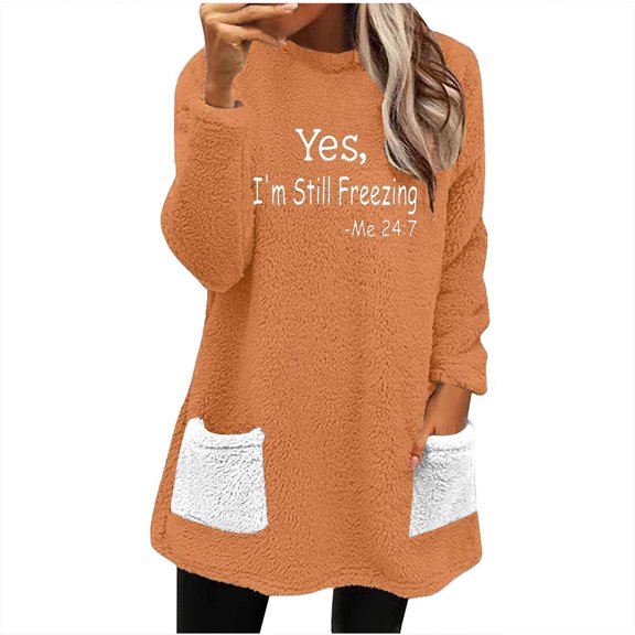 Ikevan Winter Womens Round-Neck Loose Solid Pocket Warm Long Sleeve Blouse Tops