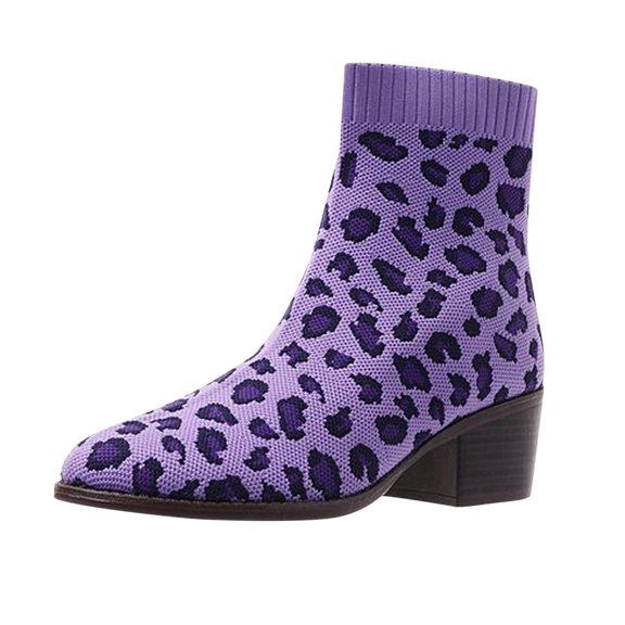 Ikevan Fashion Women'S Chunky Heel Knitted Elastic Boots Children Leopard Print Shoes