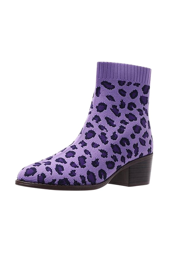 Fashion Women'S Chunky Heel Knitted Elastic Boots Children Leopard Print Shoes