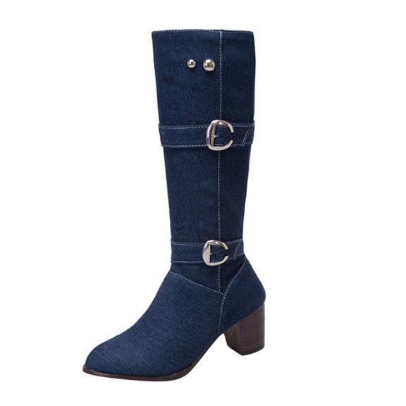 Ikevan Fashion Women'S Warm Square Heel Shoes Casual Long Tube Denim Boots