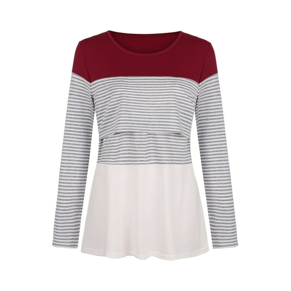Ikevan Maternity O-Neck Stripe Long Sleeve Breast-Feeding Pregnant Woman Nursing Blouse Tops